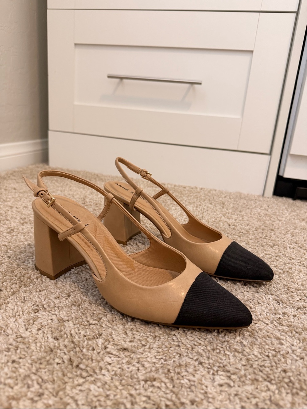 Anne Klein Two-Tone Slingback Block Heels in Tan and Black
